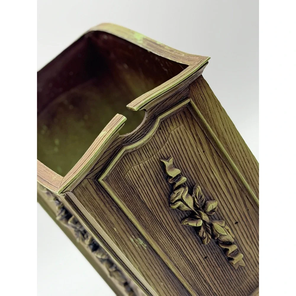 Vintage French Provincial Faux Wood Rose Floral Green MCM Trash Basket  Planter
